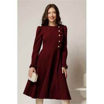 Rochie DY Fashion midi bordo cu nasturi si volanase la bust