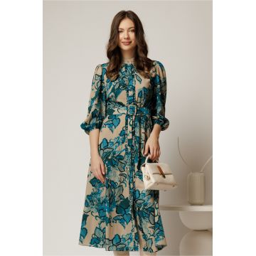 Rochie DY Fashion midi crem cu imprimeu turcoaz cu maneci bufante si curea in talie Rochie DY Fashion midi crem cu imprimeu turcoaz cu maneci bufante si curea in talie