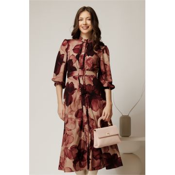 Rochie DY Fashion midi cu imprimeu magenta cu maneci bufante si curea in talie