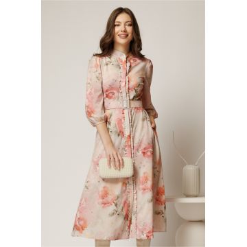 Rochie DY Fashion midi roz deschis cu imprimeu cu maneci bufante si curea in talie Rochie DY Fashion midi roz deschis cu imprimeu cu maneci bufante si curea in talie