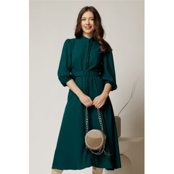 Rochie DY Fashion midi turcoaz cu maneci bufante si curea in talie Rochie DY Fashion midi turcoaz cu maneci bufante si curea in talie