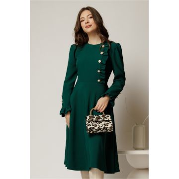 Rochie DY Fashion midi verde cu nasturi si volanase la bust Rochie DY Fashion midi verde cu nasturi si volanase la bust