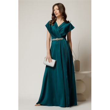 Rochie lunga de seara din tafta verde cu accesoriu pe talie