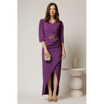 Rochie lunga mov de ocazie cu fronseuri si cordon cu catarama in talie