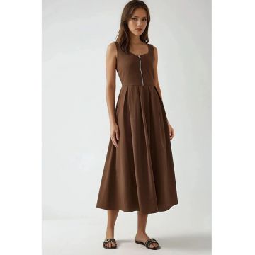 Rochie maxi -  A-line - decolteu rotund - fermoar - maro - textil Rochie maxi -  A-line - decolteu rotund - fermoar - maro - textil