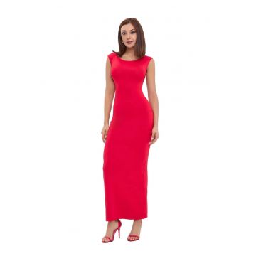 Rochie maxi bodycon -  Decolteu rotund - Spate gol - Rosu - Elastan/Poliamida