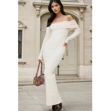 Rochie maxi bodycon -  umeri goi - bej - tricot