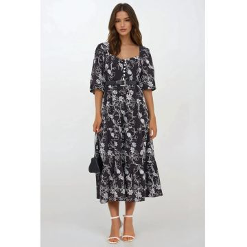 Rochie maxi -  brodata - decolteu inima - maneci bufante - neagra - textil Rochie maxi -  brodata - decolteu inima - maneci bufante - neagra - textil