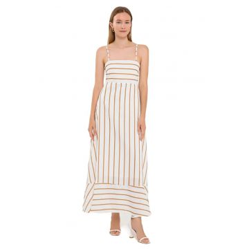 Rochie maxi -  Cu dungi - Bretele tip spaghetti - Alb/Bej - Poliester