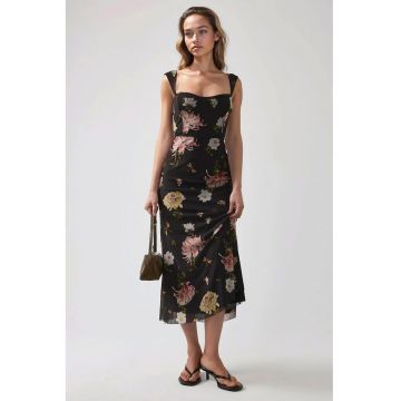 Rochie maxi  cu imprimeu - guler in forma de inima - negru - tul