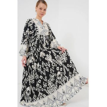 Rochie maxi cu maneci lungi dama -  viscoza - cu imprimeu - alb/negru