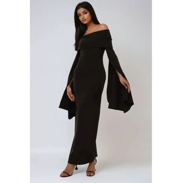 Rochie maxi -  cu umeri goi - neagra - poliester Rochie maxi -  cu umeri goi - neagra - poliester