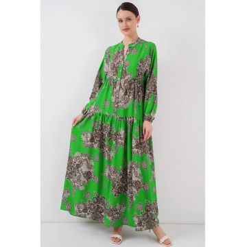 Rochie maxi dama - cu imprimeu - decolteu in V -  viscoza - maro/verde