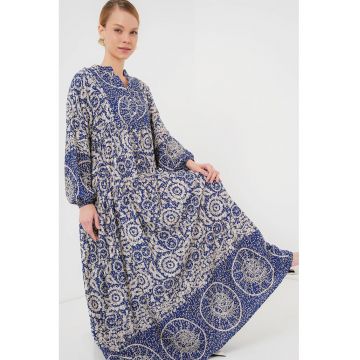 Rochie maxi dama - decolteu in V -  viscoza - cu imprimeu - bej/albastru