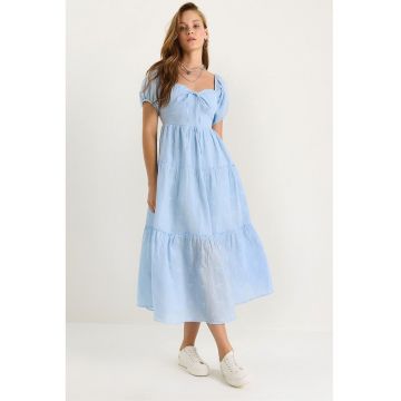 Rochie maxi dama -  decolteu inima brodat - textil - albastru glaciar - Rochie maxi dama -  decolteu inima brodat - textil - albastru glaciar -