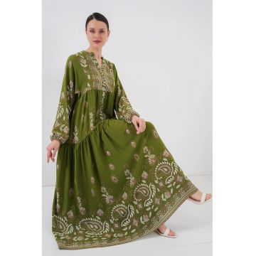 Rochie maxi dama - din viscoza -  cu imprimeu - decolteu in V - verde