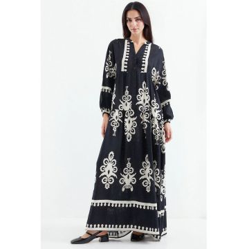 Rochie maxi dama - viscoza -  decolteu in V - bleumarin/alb