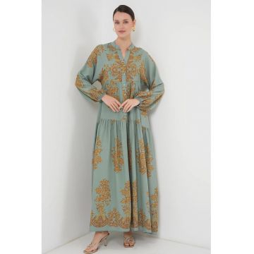 Rochie maxi dama  viscoza - decolteu in V - cu nasturi - verde/galben -