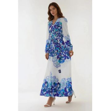 Rochie maxi -  decolteu in V - albastru - textil