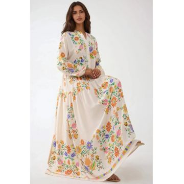 Rochie maxi -  decolteu in V - bej - textil Rochie maxi -  decolteu in V - bej - textil