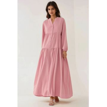 Rochie maxi  decolteu in V - detaliu cu nasturi - roz - textil Rochie maxi  decolteu in V - detaliu cu nasturi - roz - textil