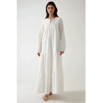Rochie maxi -  decolteu rotund - texturata - alb - textil