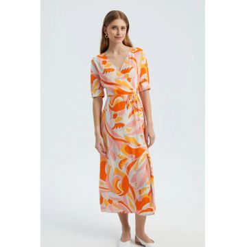Rochie maxi -  decolteu tip surplis - crapatura laterala - portocalie - textil Rochie maxi -  decolteu tip surplis - crapatura laterala - portocalie - textil