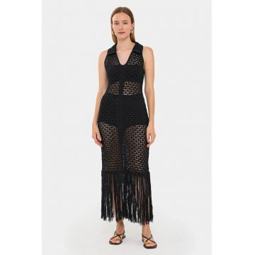 Rochie maxi -  Fara maneci - Decolteu in V - Negru - Acril