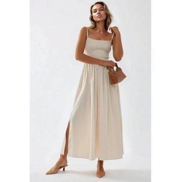 Rochie maxi -  forma de A - decolteu patrat - bej - textil Rochie maxi -  forma de A - decolteu patrat - bej - textil