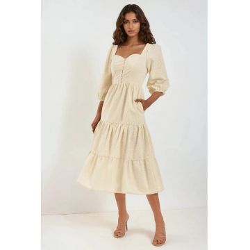 Rochie maxi  guler inima - brodata - bej - material textil Rochie maxi  guler inima - brodata - bej - material textil