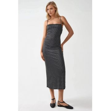 Rochie maxi  guler patrat - detalii din dantela - neagra - jerseu Rochie maxi  guler patrat - detalii din dantela - neagra - jerseu