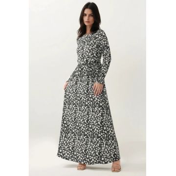 Rochie maxi  guler rotund - imprimeu floral - maneci lungi - negru - jerseu