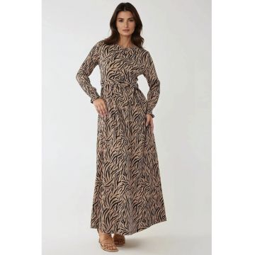 Rochie maxi -  guler rotund - imprimeu - maro