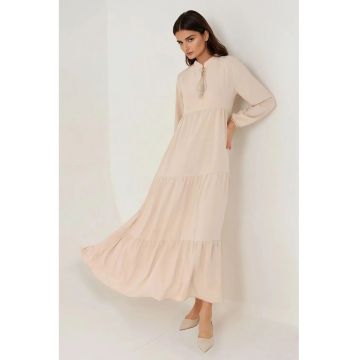 Rochie maxi  guler rotund - maneci lungi - bej - textil