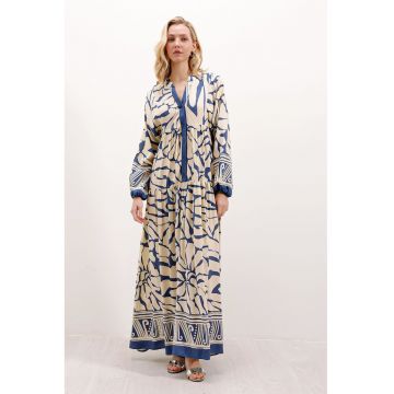Rochie maxi -  imprimeu - decolteu in V - albastru/alb - poliviscona -