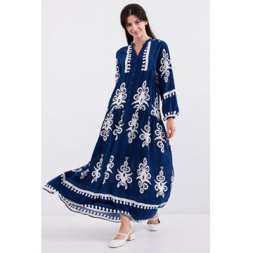 Rochie maxi -  imprimeu - decolteu in V - albastru - poliviscona -