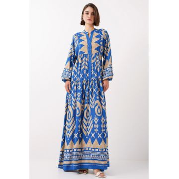Rochie maxi -  imprimeu - decolteu in V - albastru - viscoza -