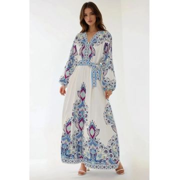 Rochie maxi -  imprimeu - decolteu in V - multicolora - bumbac - poliester - lycra