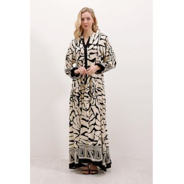 Rochie maxi -  imprimeu - decolteu in V - negru - crem - polivisconă