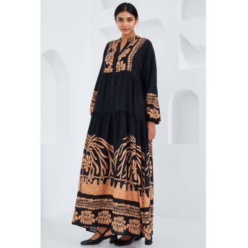 Rochie maxi -  imprimeu - decolteu in V - negru - galben - polivisconă