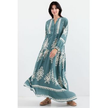 Rochie maxi -  imprimeu - decolteu in V - verde - poliviscoza -