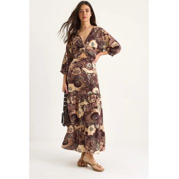 Rochie maxi -  imprimeu etnic - decolteu in V - multicolor - textil