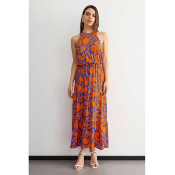 Rochie maxi -  Imprimeu floral - Decolteu halter - Portocaliu/Albastru