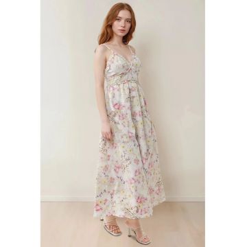 Rochie maxi  imprimeu floral - decolteu in V - bumbac - multicolor