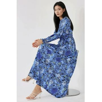 Rochie maxi -  imprimeu floral - maneci lungi - albastra - jerseu
