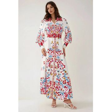 Rochie maxi -  imprimeu - guler camasa - multicolor - textil