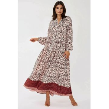 Rochie maxi -  imprimeu - guler camasa - rosu - textil Rochie maxi -  imprimeu - guler camasa - rosu - textil