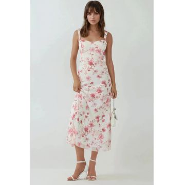 Rochie maxi -  imprimeu - guler cu inima - multicolor - tul