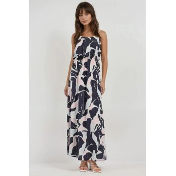 Rochie maxi -  imprimeu - guler patrat - multicolor - textil