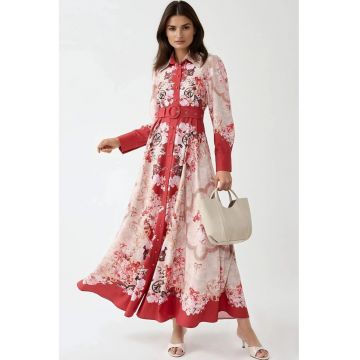 Rochie maxi -  imprimeu - guler rotund - rosu - jerseu Rochie maxi -  imprimeu - guler rotund - rosu - jerseu